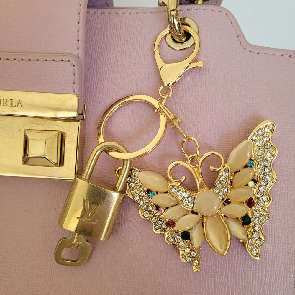 Louis Vuitton Padlock 321 & Jeweled Butterfly Bag Charm Gold Keychain Accessory